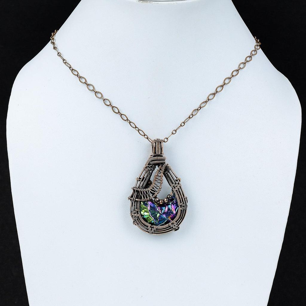 Titanium Moon Druzy Gemstone Pure Copper Wire Wrapped Handmade Pendant Jewelry