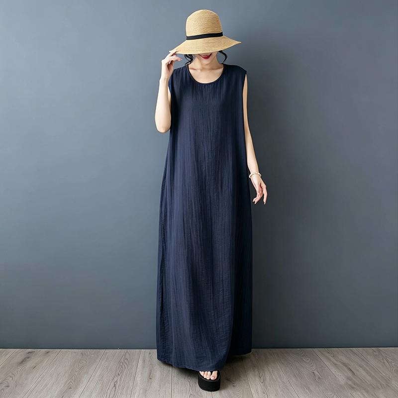 DIMANAF 2026 New Women Plus Size Summer Vintage Lady Long Dress Sleeveless Vest Loose Oversize Maxi Sundress Solid Cotton Linen