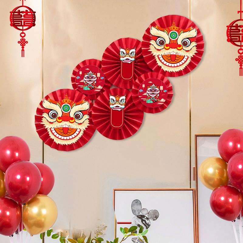Chinese Lion Fan Home Decoration 2025 New Year Fan Flower Pendant Paper Craft Lion Background Wall Decor Housewarming Decoration