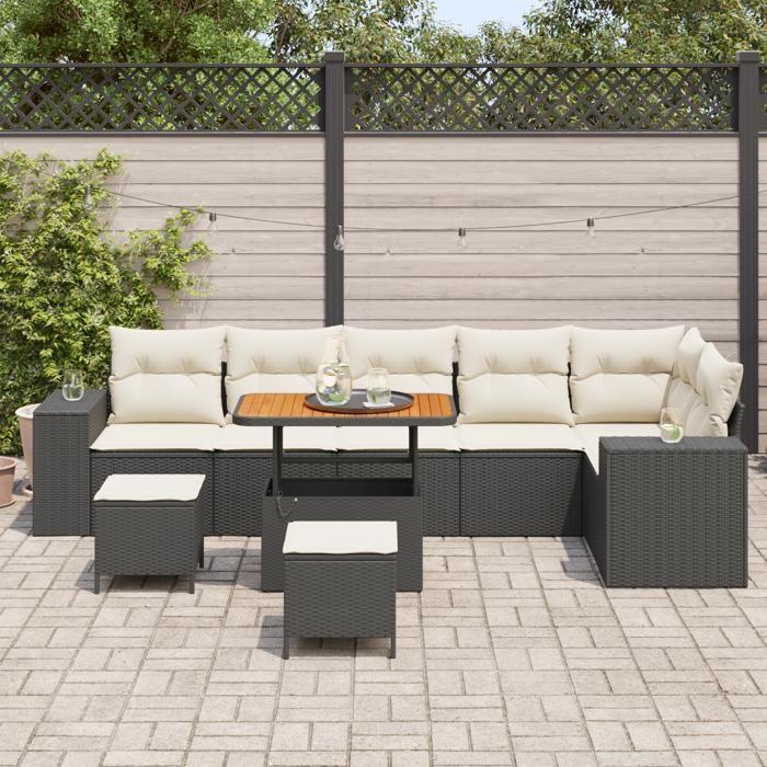 Ensemble de Canapé de Jardin 9 pièces avec Coussins Noir Poly Rattan, Ensemble de Salle à Manger de Jardin 3 pièces 3362025