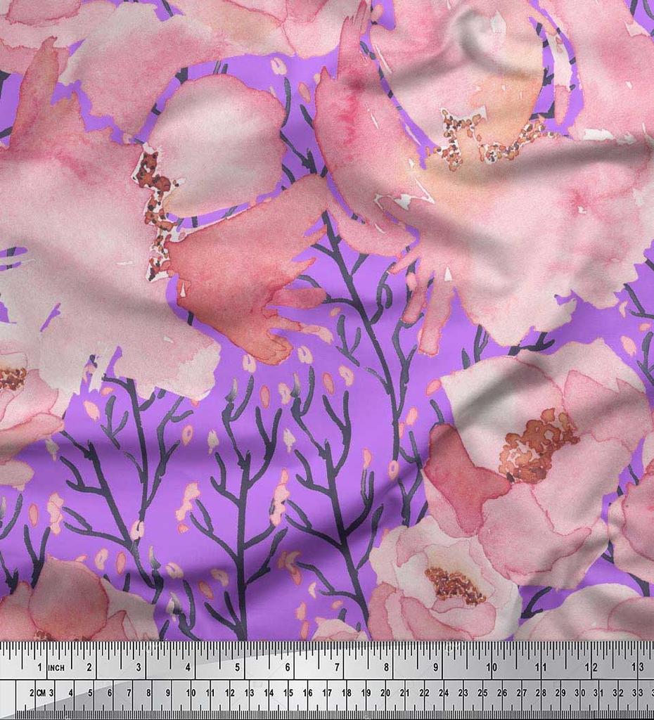 Soimoi Japan Crepe Satin Fabric Peony Watercolor Printed Craft Fabric by the metre 42 Inch