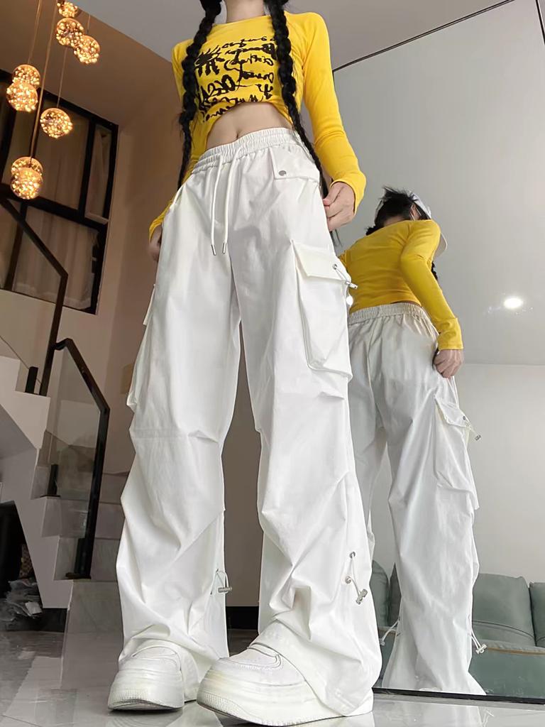 American Style Large Pocket Cargo Pants Women's Spring Summer New Style Wide Leg Pants Loose Slimming Casual Sports Pants