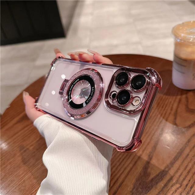 For iPhone 16E 16 Pro Max Luxury Flash Holder Stand Plating Frame Phone Case For iPhone 11 12 13 14 15Plus Lens Protective Cover