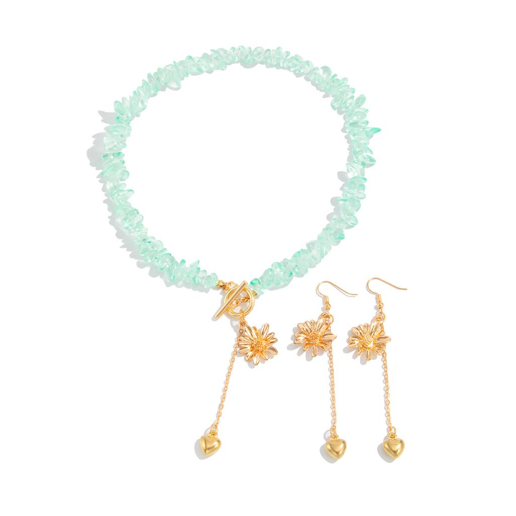 Fresh Metal Flower Fringed Collarbone Necklace, Wind Irregular Turquoise Beaded Necklace Set