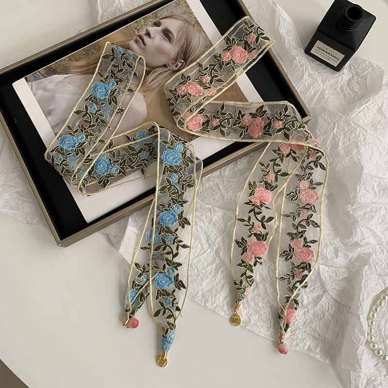 Embroidered Lace Silk Scarf Premium Pendant Small Scarf Tie Bag Ribbon Rose Lace Mesh Headscarf Headband Hair Accessories