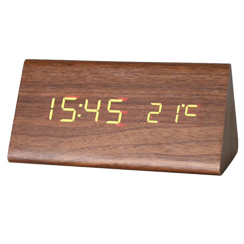 Creative charging LED wooden clock Voice-activated luminous silent desk clock Electronic alarm clock Triangle voice-activated wooden clock