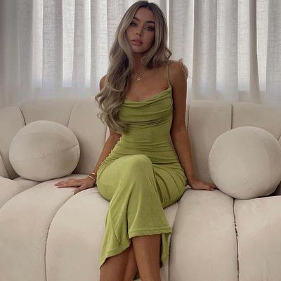 Damen-Sommerkleid, Club-Party, ärmellos, Spaghettiträger, elegant, sexy, drapiert, Maxikleid