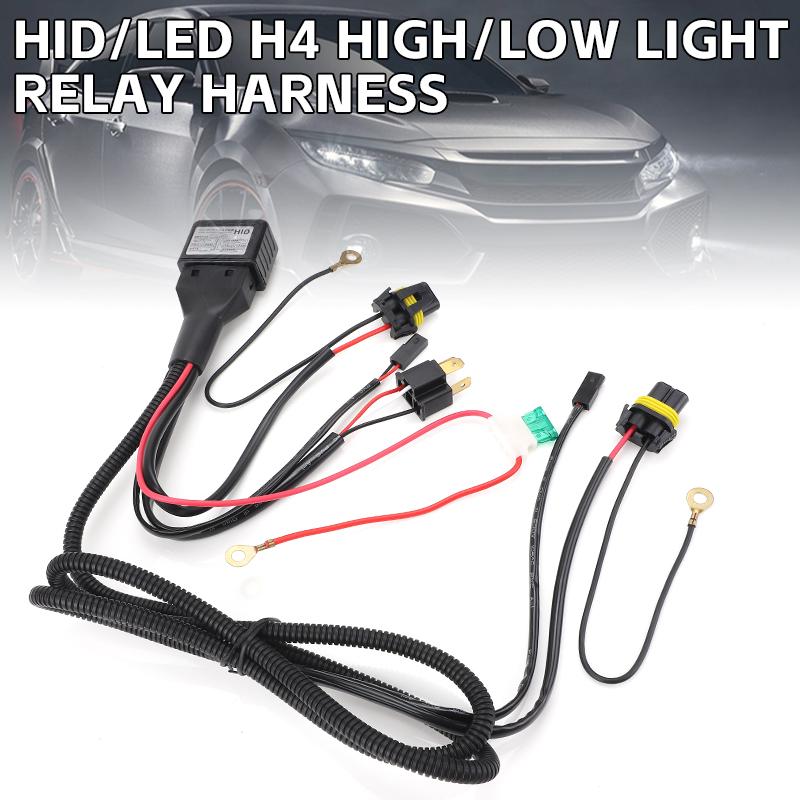 2sets Car 1 Lead 2 Lamp H4 HID Bi-LED Relay Harness Wire High Low Projector Lens Cables Headlight Control Connector Wires 12V