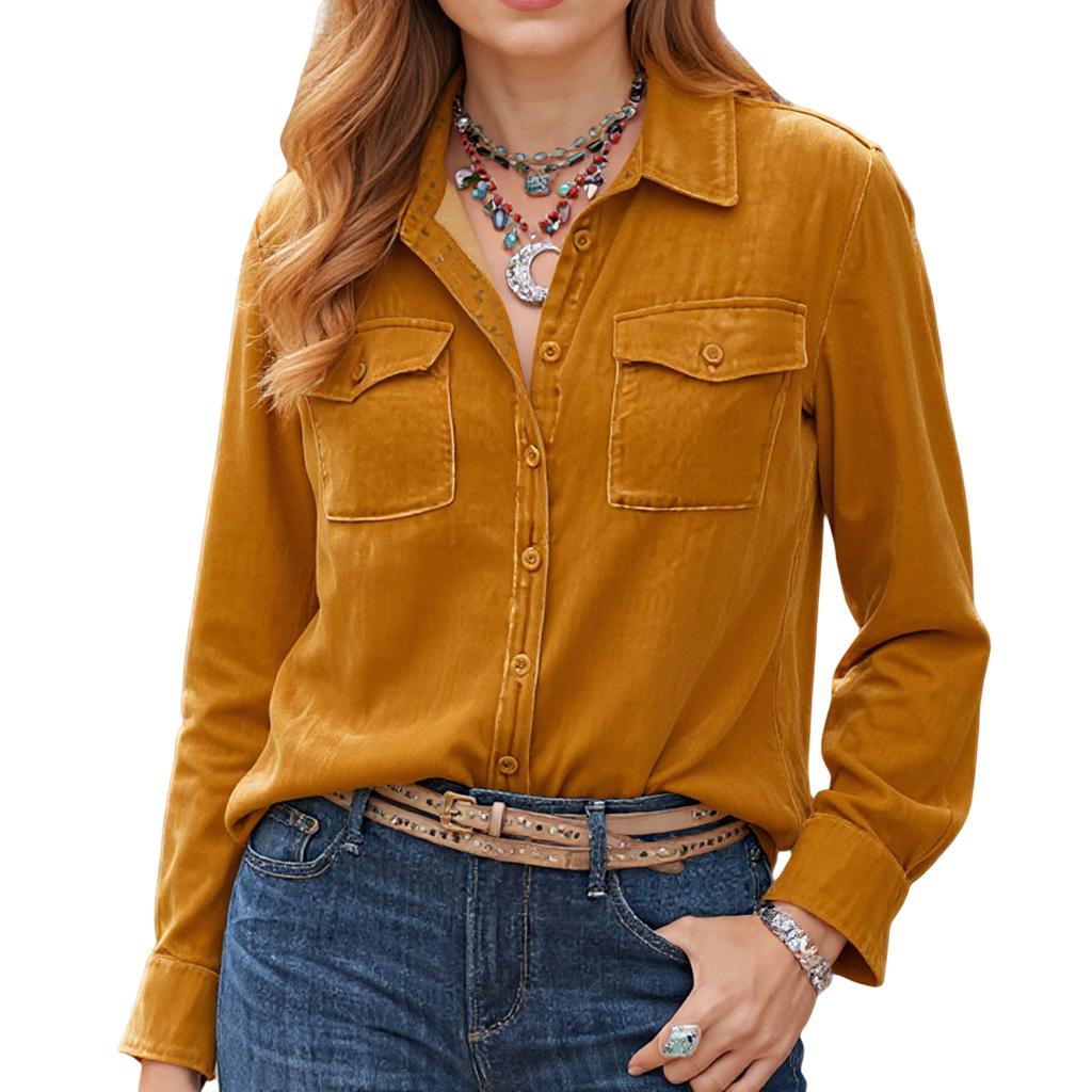 Women's Fashionable Casual Solid Color Retro Long-Sleeved Velvet Shirt