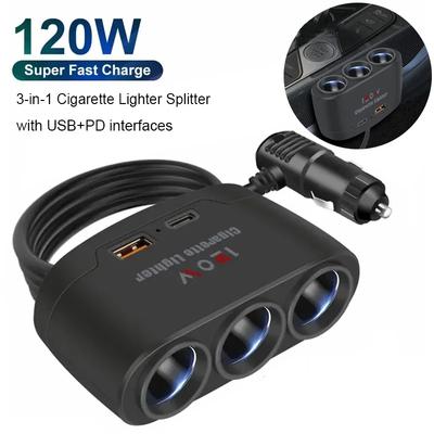 120W PD QC3.0 Dual USB Socket Car Cigarette Lighter Splitter 12V 24V Fast Charging Socket for IPhone GPS Dashcam