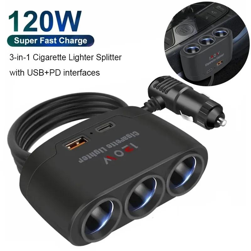 120W PD QC3.0 Dual USB Socket Car Cigarette Lighter Splitter 12V 24V Fast Charging Socket for IPhone GPS Dashcam