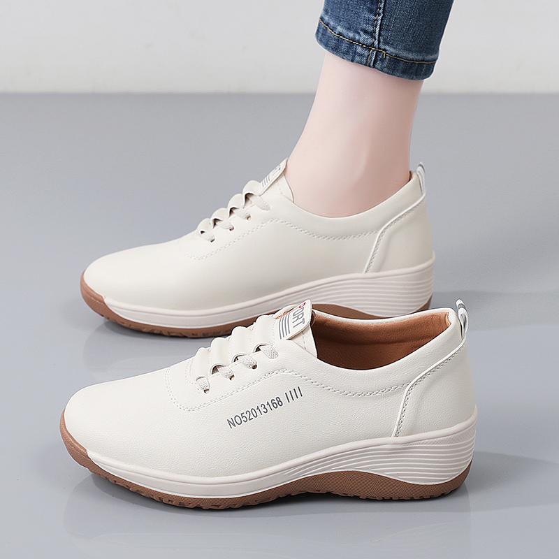 Women Platform Loafers Casual Elegant Leather Khaki Sneakers Thick Sole Height Increase Shake Shoes Large Size