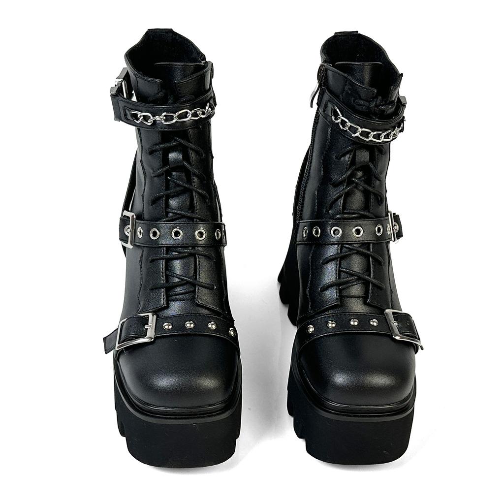FOREADA Stivaletti alla Caviglia da Donna Punta Rotonda Tacco Alto Grosso Fibbia Cerniera Decorazione in Metallo Borchie Catena Stivaletti Corti Scarpe alla Moda da Donna Inverno