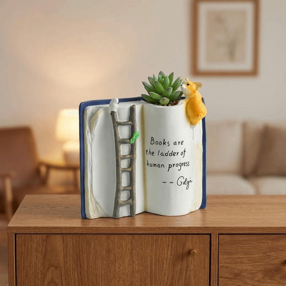 Compact Puppy Bird Ladder Planter Polyresin Open Book Flower Pot Book-Shaped Planter Office Use