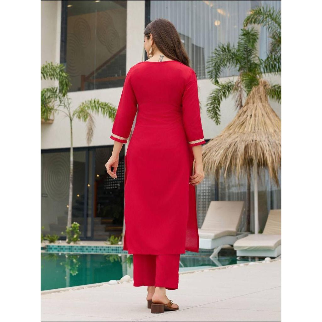 Women's Rayon Slub Embroidered Straight Kurta with Pant And Dupatta Sets