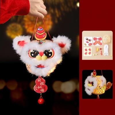 Kreskówkowa Lampion Lwa Tańczącego Bambusowy Świecący Ręczny Lampion z Dzwoneczkami Pakiet Materiałów DIY Futrzany Lampion Zwierzęcy