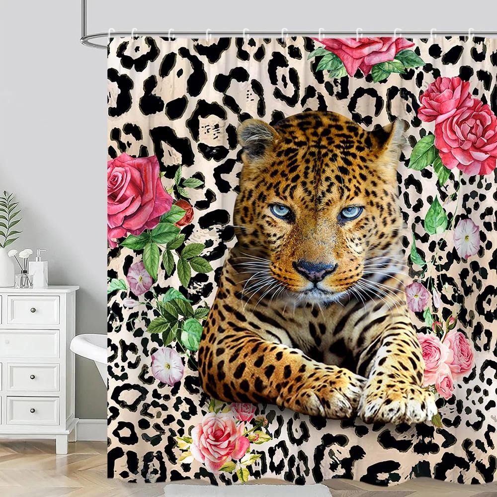 Leopard Textured Shower Curtain, Vintage Striped Brown Floral Creative Geometric Modern Plants Polyester Bathroom Decor Curtain