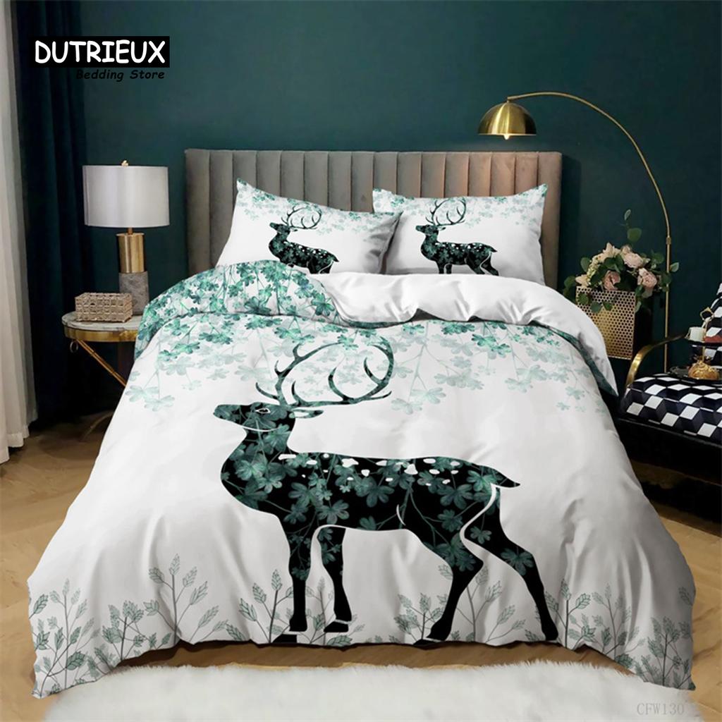 Cartoon Elk Duvet Cover Giraffe Deer Bedding Set Full For Kids Teens Room Decor Wild Animal Floral Quilt Cover With Pillowcases