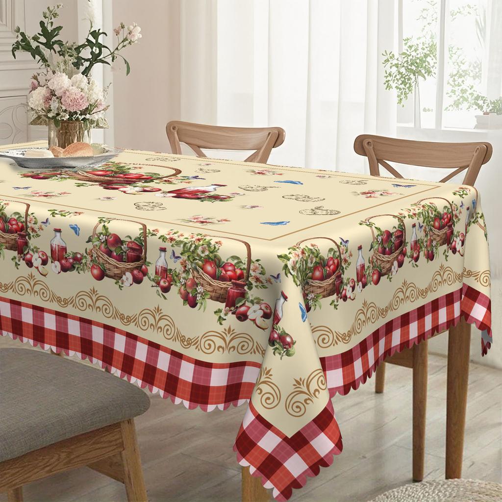 Vintage Farmhouse Apple Tablecloth, Red Cow Check And Rustic Design, Durable Polyester Round Rectangular Tablecloth