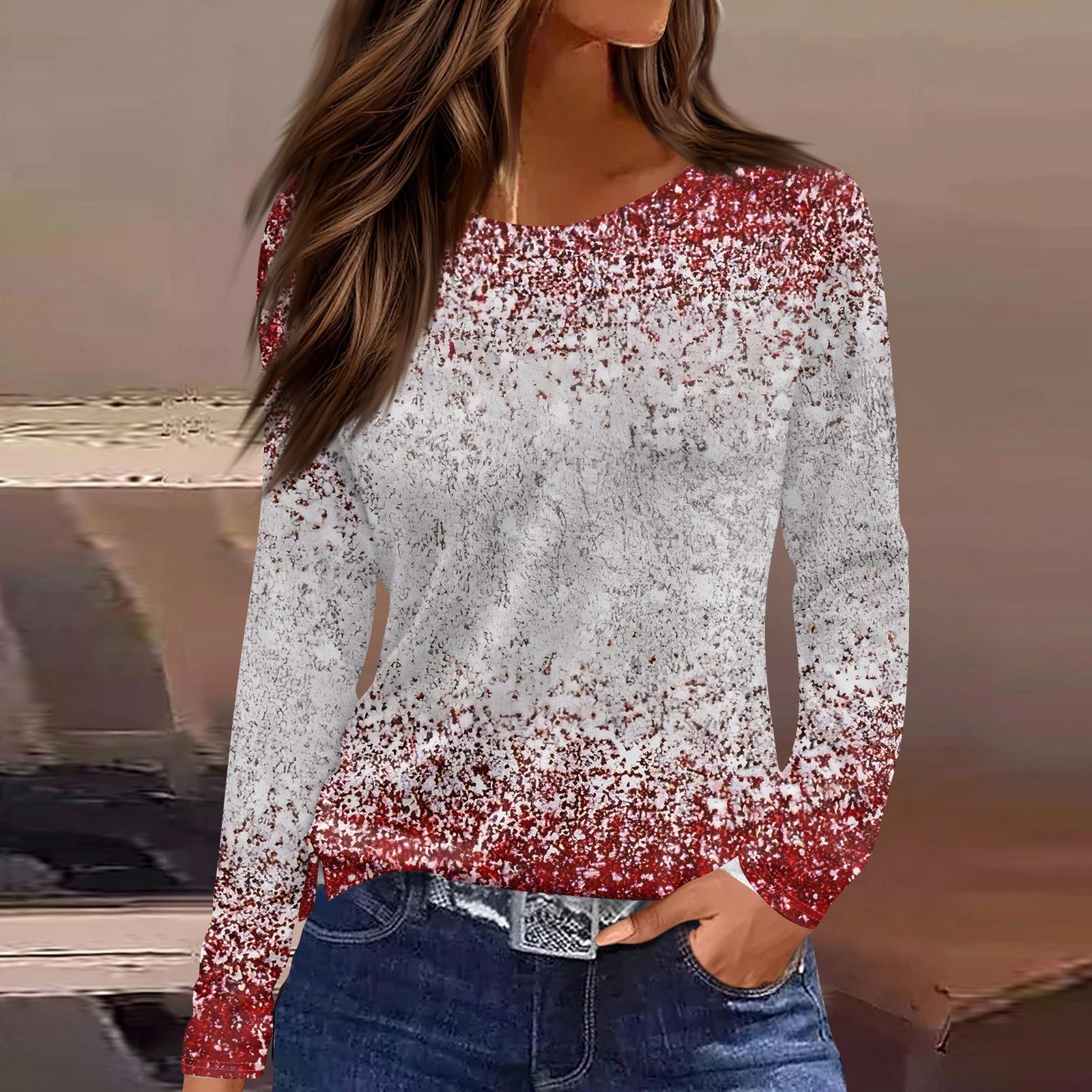 

Жіночий модний повсякденний різдвяний топ з круглим вирізом і довгими рукавами з розрізами XXL Кіновар