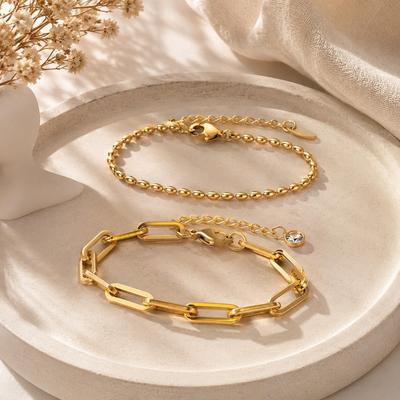 316L Stainless Steel Bracelet 2PCS, Golden Layered Chain Adjustable Stackable Jewelry, Women Summer Vacation Gift