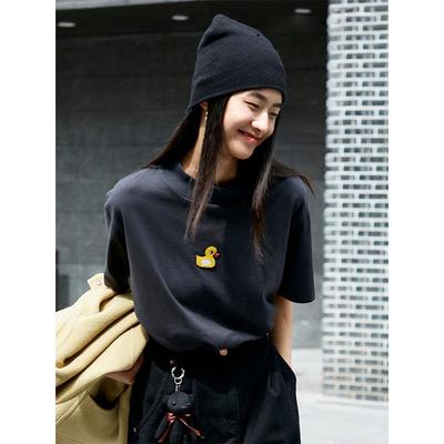 In-stock Women's Spring High-Neck Short-Sleeved T-Shirt with Cartoon Embroidered Yellow Duck, Available In Black and White