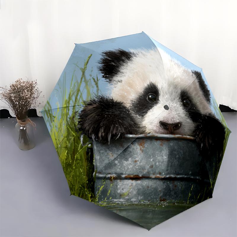 Fantasia panda e erba, ombrello pieghevole automatico, design portatile e pieghevole, 8 stecche, un regalo di Natale o di compleanno.