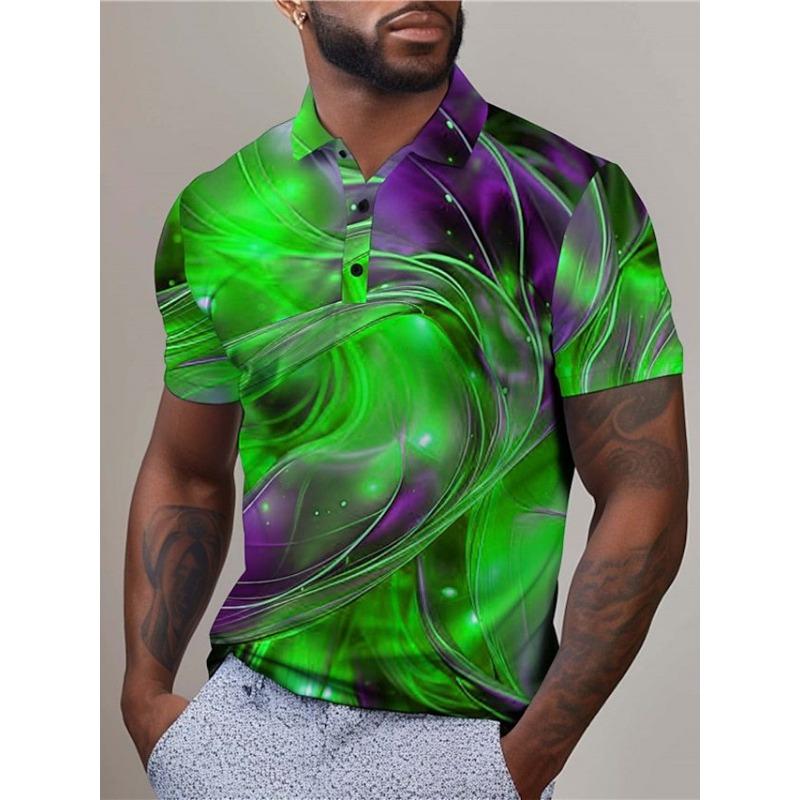 Herren 3D-gedrucktes einfaches atmungsaktives kurzärmeliges Button-Poloshirt