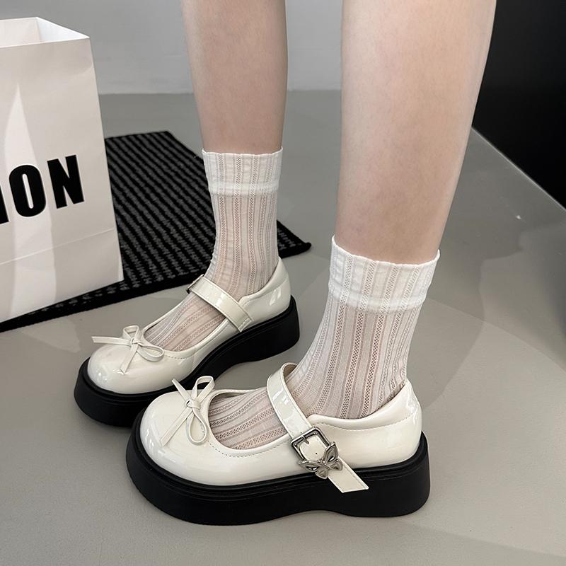 2025 New Bow Mary Jane Single Shoes Women's Fashion Round Toe Shallow Mouth Metal Buckle One Strap Platform Wedge Shoes