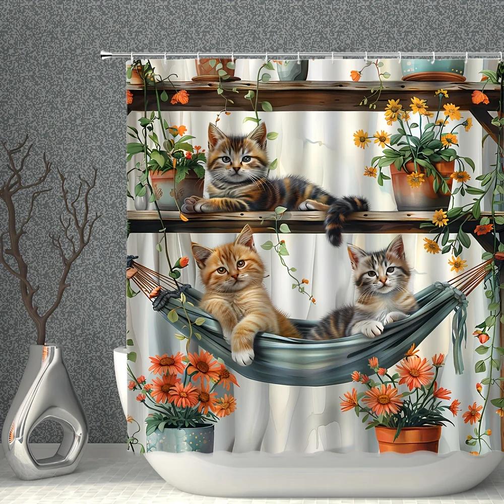 Kitten's Leisure Time series shower curtain, with flower waterproof shower curtain, adds a cute and whimsical feeling