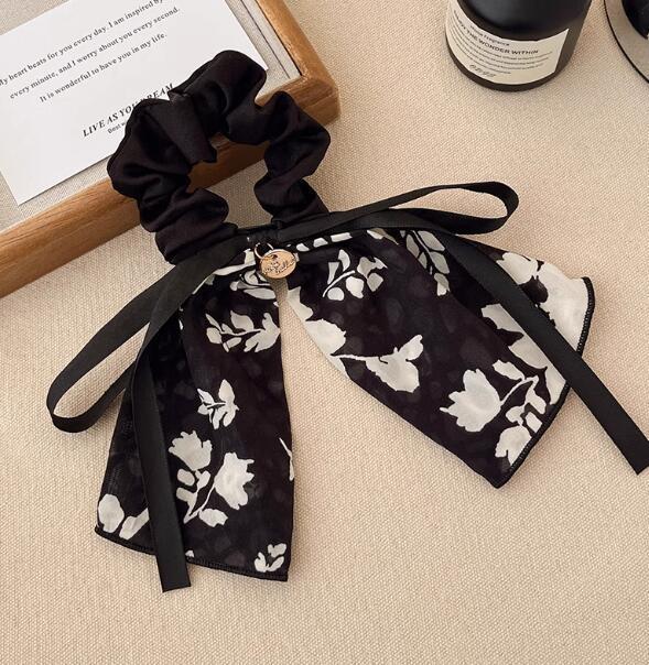 Retro floral streamer bow large intestine hair band female elegant ponytail hair rope rubber band tie head rope hair