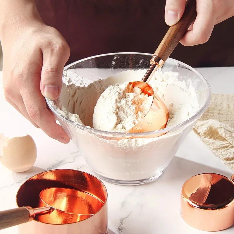 4pcs Kitchen Tools Measuring Spoons Cups Set Wood Handle Stainless Steel Teaspoon Coffee Sugar Scoop Cake Baking Cooking Gadgets