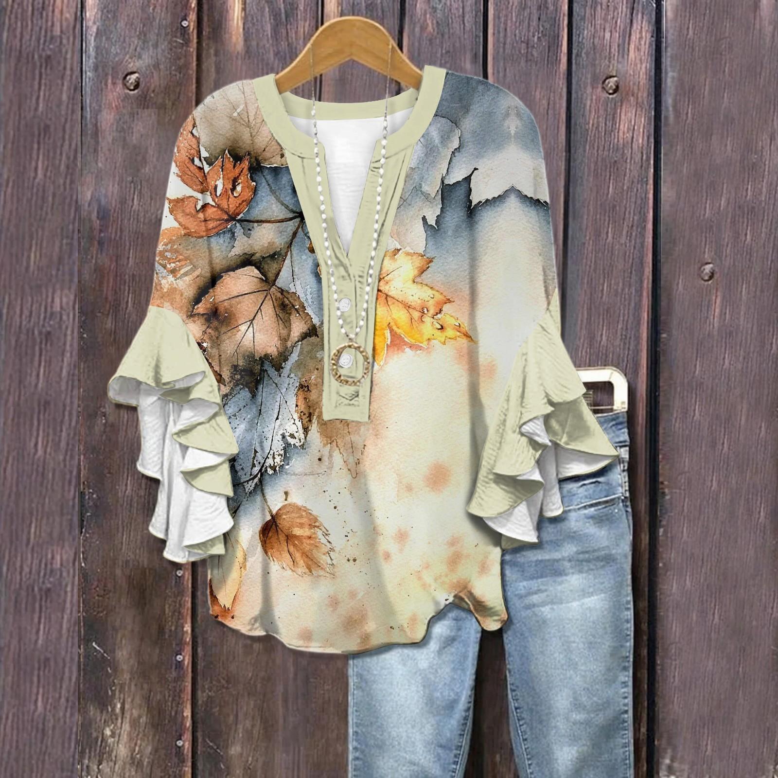 

Летние топы для женщин Милые блузки с V-образным вырезом и рукавом 3/4 Принтованный топ Повседневные рубашки XL жёлтый