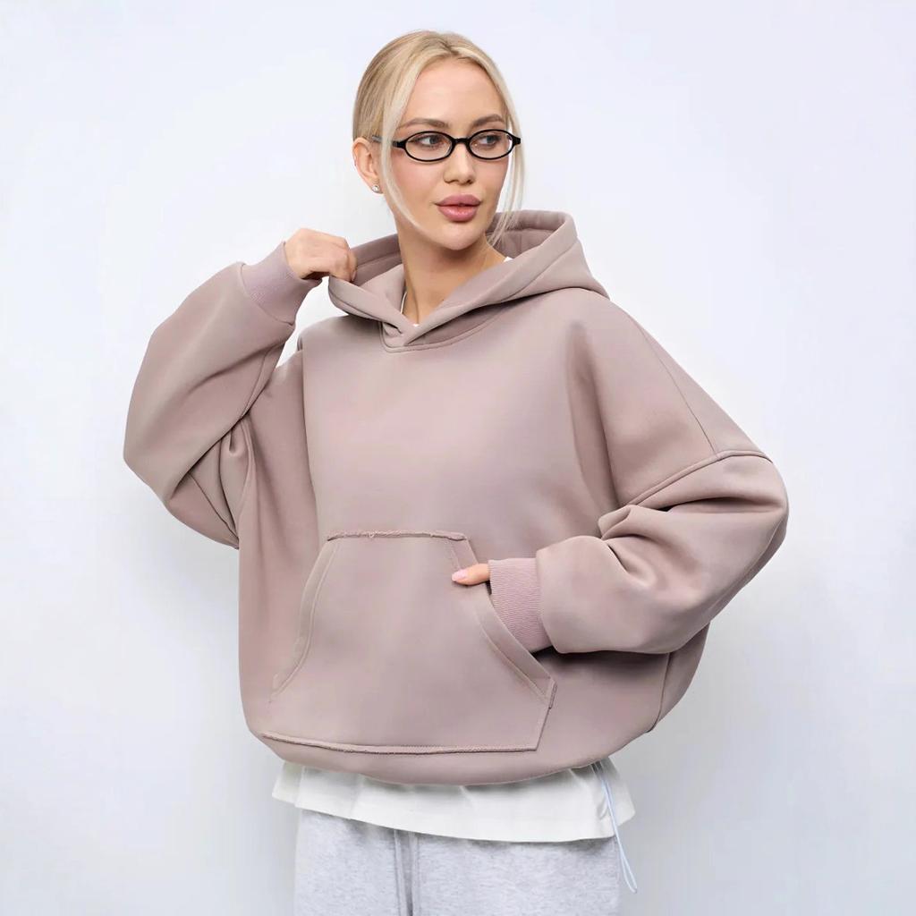 Women's Casual Solid Color Hooded Sweatshirt, European Style, Fitted Waist, Long Sleeves, Short Length, Pullover Style.