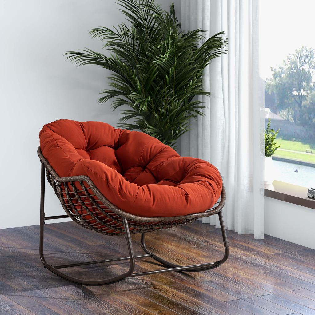 Outdoor Rattan Rocking Chair,Padded Cushion Rocker Recliner Chair Outdoor for Front Porch, Living Room, Patio, Garden, Orange