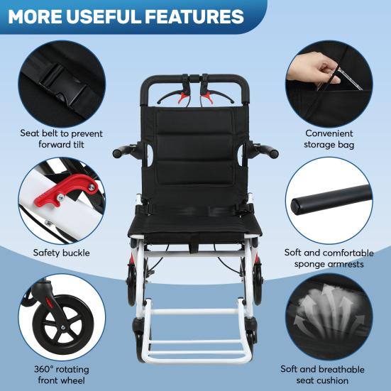 17.7 Inches Transport Wheelchair Lightweight Foldable Wheelchair Portable Aluminum Alloy Travel Wheelchair with Handlebar Brake Lever for Adults