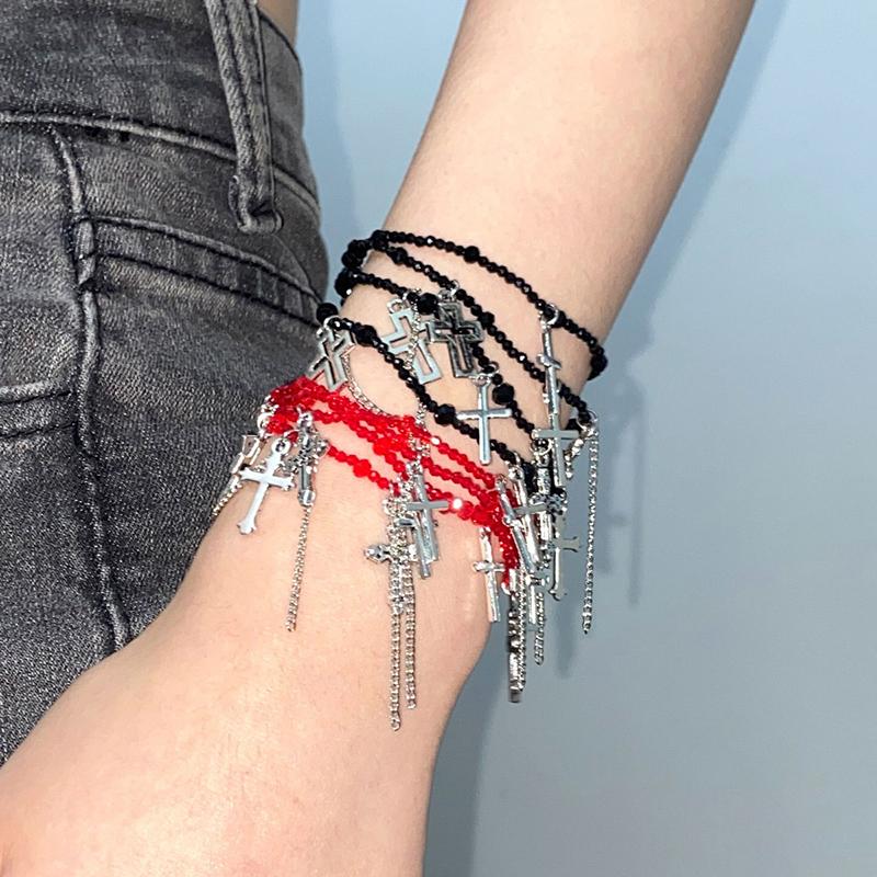 1pc Multi-layer Fashion Beaded Chain Cross Pendant Bracelets For Wen Men Hip Hop Punk Party Jewelry Accessories Gift