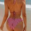 Women's Plaid Bikini: Slimming High-Waisted Triangle Swimsuit with Gathering Details In Stock