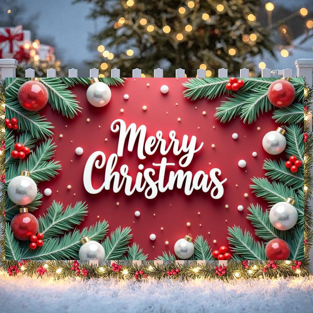 Festive Display Glossy Baubles Christmas Display Merry Christmas Banner Green Foliage Xmas Backdrop For Christmas Party Office