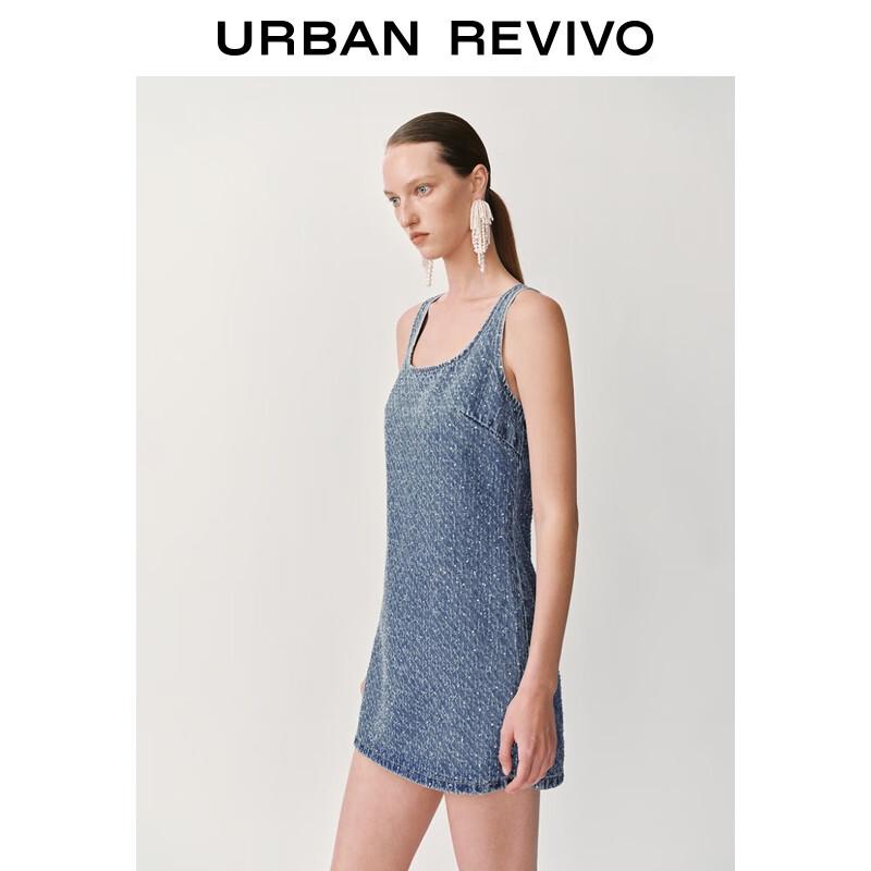UR 2025 Summer Retro Rhinestone U-Neck Denim Dress