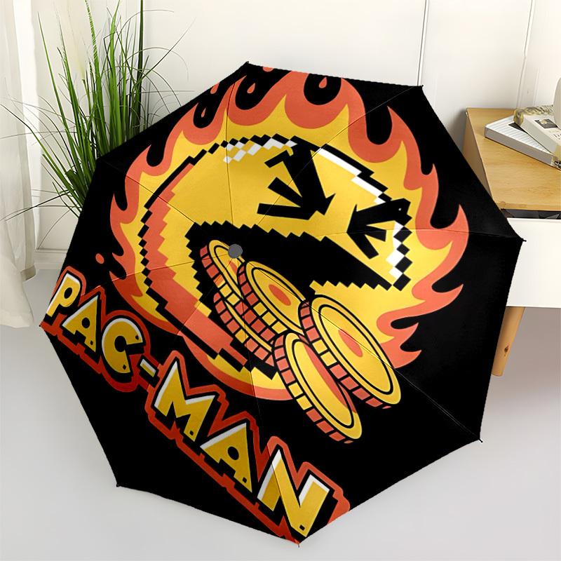 1PC PacMan Flaming Coins Automatic Folding Umbrella - Compact 8-Rib Design, Durable Plastic & Iron, Daily Use F010612