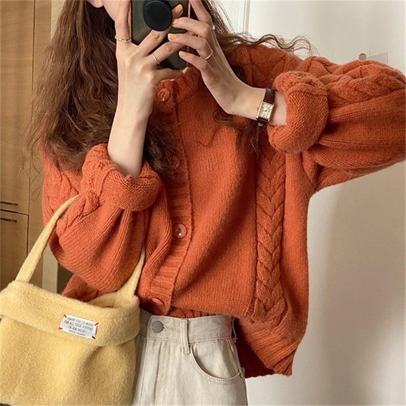 

Женский свободный вязаный кардиган с жареным тестом, свитер в стиле ретро One Size оранжевый