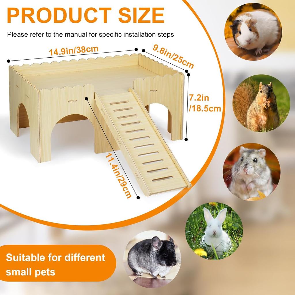 Large Guinea Pig Hideout, Upgraded Wooden Guinea Pig Castle with Guinea Pig Ramp, Easy To Assemble Guinea Pig House for Small Animal House Habitat or
