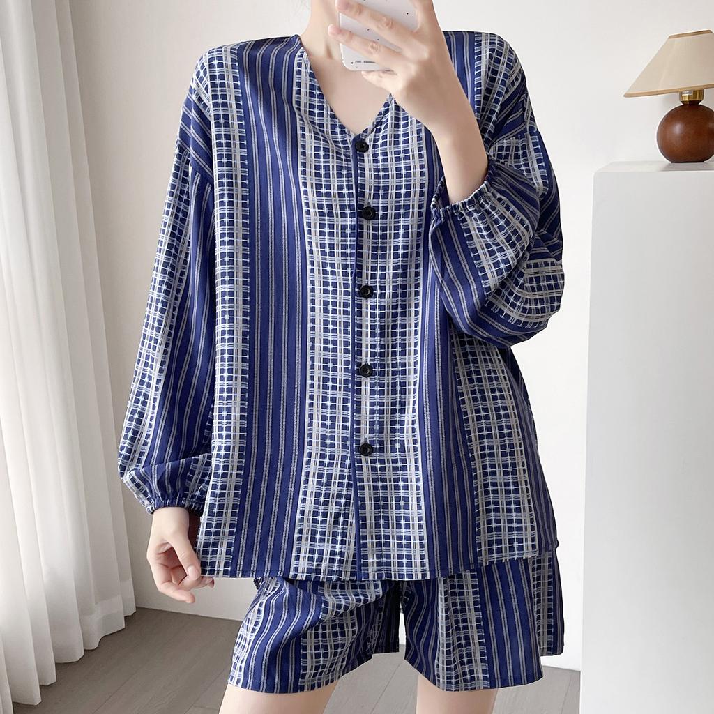 Slack Cotton and Silk Pajamas Women's Summer Cardigan Loungewear Set Can Be Worn Outside Loose Long-sleeved Shorts Sunscreen Two-piece Set