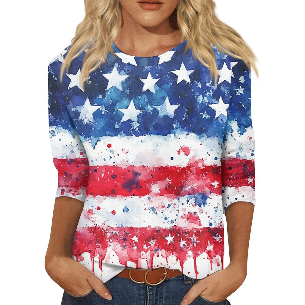 Damenmode Lässiges Rundhals-T-Shirt mit 3/4-Ärmeln und lockerem Aufdruck