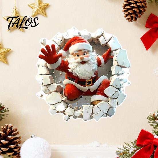 3D Visual Effect Wall Art Santa Sticker, Christmas Decal, Realistic Breaking Through The Decals for Home Decor Effect, Self-Adhesive Festive