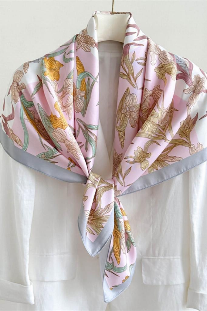 Women' Scarf 90X90 "Rose Garden" - Pastel Scarf with Floral Pattern, Imitation Silk