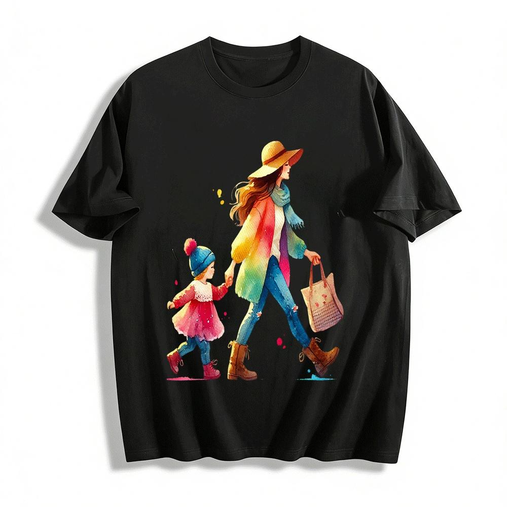 

Watercolor Print Casual Top With Mother Daughter Walking Design Pure cotton T-shirt 6XL