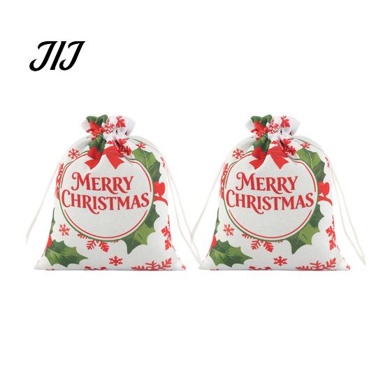 Kids Christmas Present Bags 2Pcs Drawstring Gift Bags, Xmas Tree Reindeer Printed Candy Treat Family Party Holders Pouches, Reusable Fabric