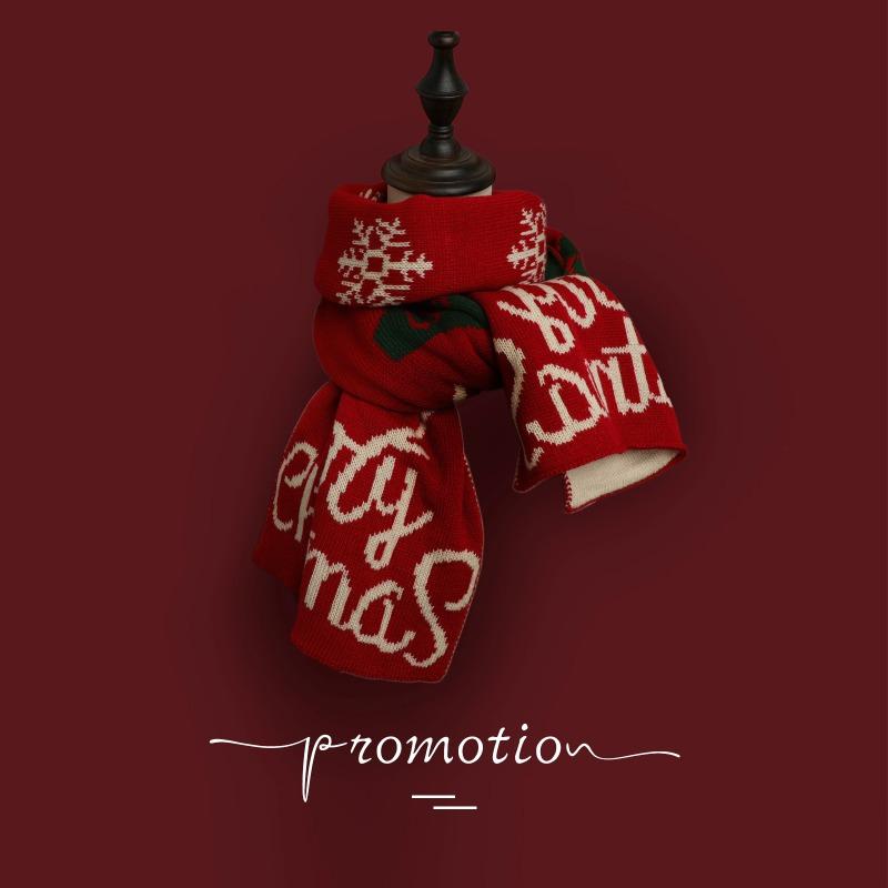 Versatile Christmas Knitted Wool Red Scarf Deer Elk Print Snowflake Warm Personality Couple Scarf Student
